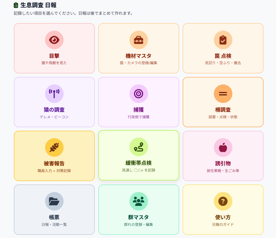 日報・活動記録の画面。日々の記録が組織に残る
